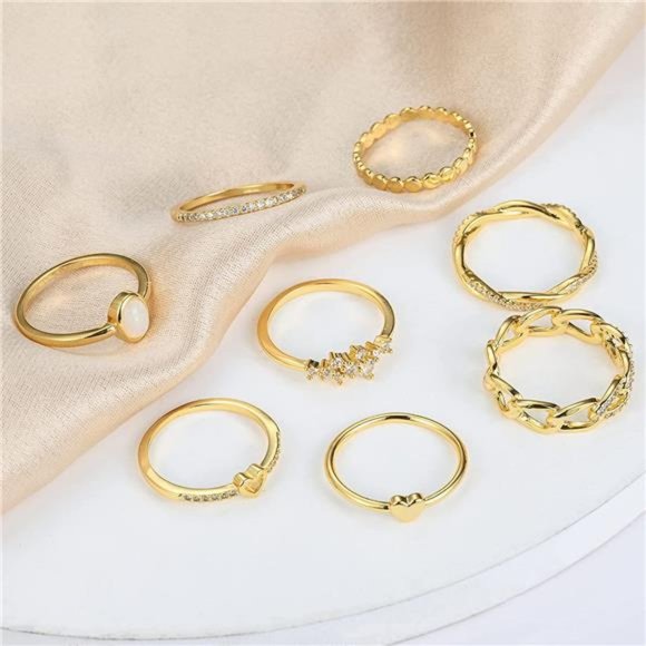 14K Gold CZ Heart Stacking Rings Set - Picture 6 of 7